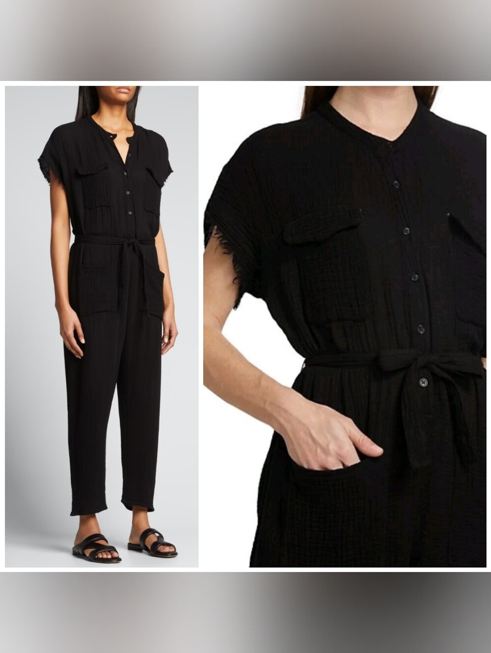 Monrow Women's Gauze Relaxed Jumpsuit XS Black Short Sleeve Button Up Casual